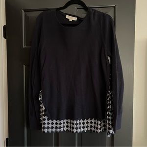 Navy blue Loft sweater with blouse detail at bottom